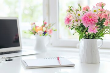Fresh flower arrangement on a home office desk