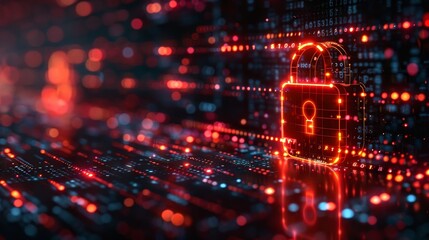 Obraz premium Futuristic visualization of a digital padlock for cybersecurity on a backdrop of glowing binary code.