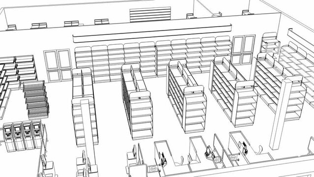 Contour visualization of retail floor mockup with empty shelves. 3d animation rotation