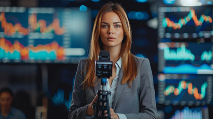 Professional Financial Analyst in Broadcast Studio, A poised financial analyst sits at a desk with multiple screens displaying market data in a sophisticated broadcast studio.