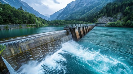 The powerful flow of water from a hydroelectric dam is set against a serene mountainous landscape, showcasing renewable energy in harmony with nature.