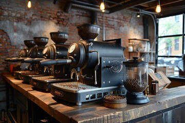 Fototapeta na wymiar Modern coffee shop scene with a barista brewing coffee, vibrant and cozy atmosphere.