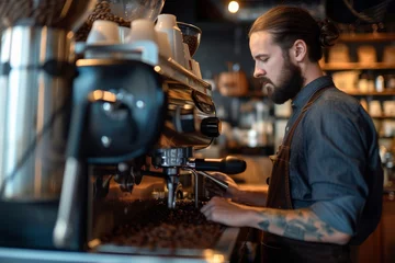 Photo sur Plexiglas Magasin de musique Modern coffee shop scene with a barista brewing coffee, vibrant and cozy atmosphere.