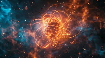Digital art portraying an abstract concept of a glowing atomic structure within a quantum energy field, symbolizing atomic and subatomic phenomena. - obrazy, fototapety, plakaty