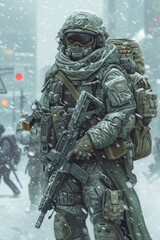 3D Rendering of cyberpunk solidier with heavy armor and weapons. AI Generative. 