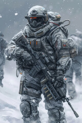 3D Rendering of cyberpunk solidier with heavy armor and weapons. AI Generative. 