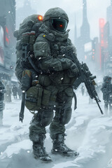3D Rendering of cyberpunk solidier with heavy armor and weapons. AI Generative. 