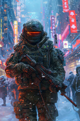 3D Rendering of cyberpunk solidier with heavy armor and weapons. AI Generative. 