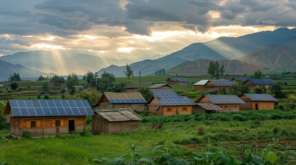 Crepuscular rays shine over a mountain village, where solar panels on wooden houses mark a blend of tradition with modern sustainability.