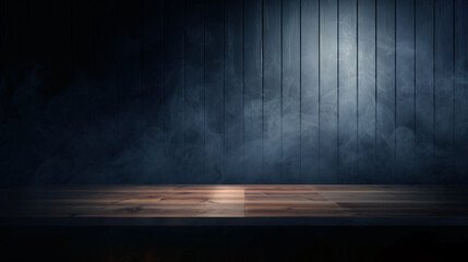 Empty rustic wood table, abstract scene dark blue background, neon, light, spotlights, wooden floor studio room with smoke float up the interior texture for display products - obrazy, fototapety, plakaty