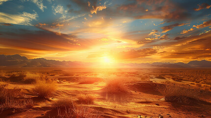 Desert landscape with blazing sun in the sky - obrazy, fototapety, plakaty