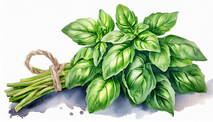 Bunch of basil with watercolor, illustration.