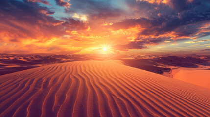 Desert landscape with blazing sun in the sky - obrazy, fototapety, plakaty