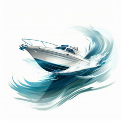 A boat travels fast and leaves waves behind on a white background  