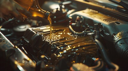 The Precision of Performance  Refueling and Maintenance of a Car Engine, Symbolizing the Essence of Automotive Care - obrazy, fototapety, plakaty