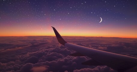 view from airplane window wing flying in the sky with the full moon and stars at night. A beautiful sky at sunset over clouds from a window seat on a plane. Air travel concept. Aerial landscape.