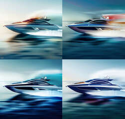 A collage of four designs, each depicting the silhouette and color palette of an open motorboat in motion on water. The boats have sleek lines with blue veils that billow gently as they speed across t - obrazy, fototapety, plakaty