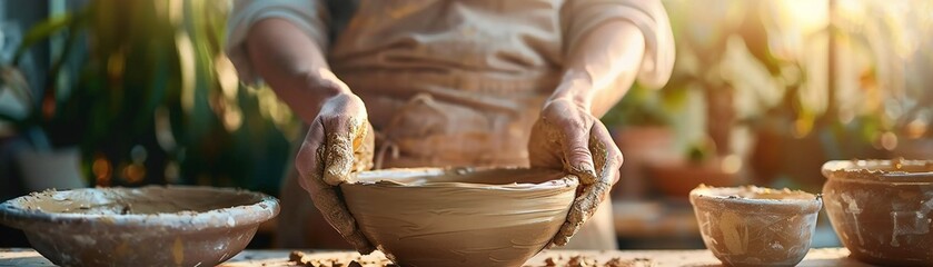 Weekend pottery class, hands shaping clay, focused creativity, soft natural light , vibrant