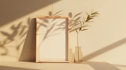 The photo frame without photo inside. Minimalist style, clean light beige background, some stylish greenery. Generated by artificial intelligence.
