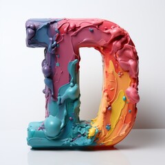 A colorful painted letter D with dripping paint details