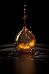 A golden water droplet is captured in mid-air against a dark background, creating a visually striking splash