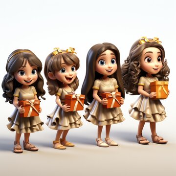 Four animated girls with cheerful expressions are holding orange gift boxes, dressed in matching golden dresses with bows in their hair