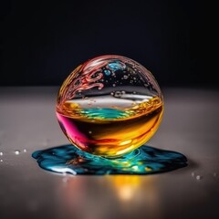 A colorful liquid sphere on a reflective surface