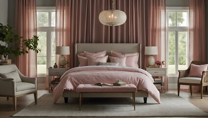 Elegant bedroom interior with soft pink accents, a neatly made bed, stylish furniture, and natural lighting filtering through the curtains