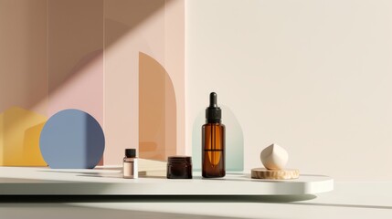 A serene display of essential beauty products amidst abstract shapes and natural light, perfect for minimalist and wellness-oriented stock imagery.
