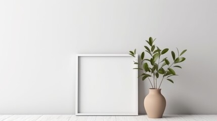 A mock-up frame next to a vase with green leaves on a white background
