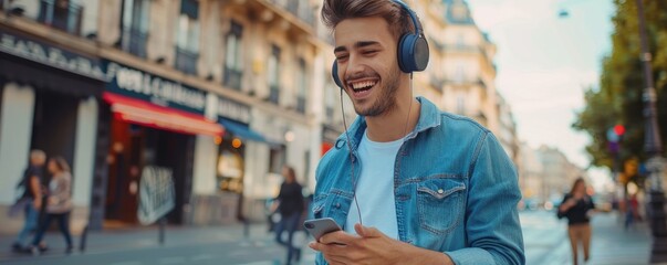 Happy young man with headphones using smartphone. copy space for text.
