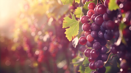 Red wine grapes on vine in summer vineyard - obrazy, fototapety, plakaty