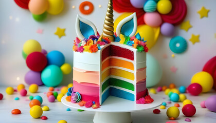 A photo of a rainbow unicorn cake with fondant decorations on a white marble table