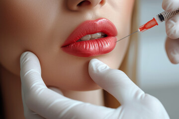 A hand in a medical glove injects hyaluronic acid into the lips of a patient.