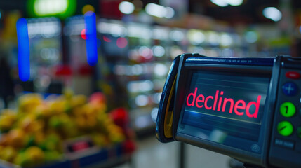The inscription “Declined” on the terminal screen for paying for purchases in store. Close-up photo - obrazy, fototapety, plakaty