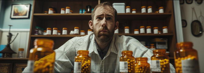 A young man appears stressed or worried while looking at various prescription medication bottles on a table, possibly indicating health concerns.