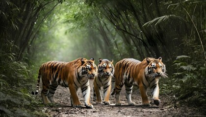 International tiger day with a a lot of tigers in the dense forest are searching for food