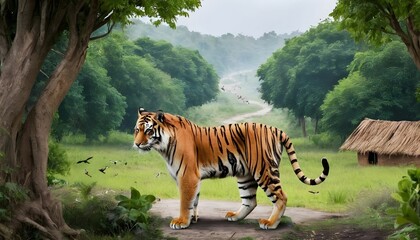 Fototapeta na wymiar International tiger day with a tiger forest are searching for food behind it a beautiful village with trees and birds