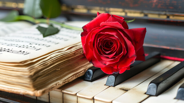 Red rose on piano keys and music book isolated on white, generative ai