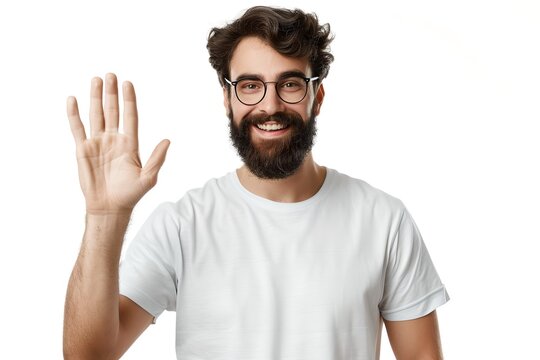 Friendly man with beard waving hello in a casual white t-shirt. Portrait of a smiling guy greeting with a hand wave. Clean and simple studio shot for lifestyle use. AI