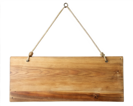 hanging wooden signboard isolated on transparent background. generative ai	