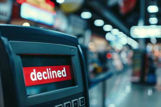 The inscription “Declined” on the terminal screen for paying for purchases in store. Close-up photo