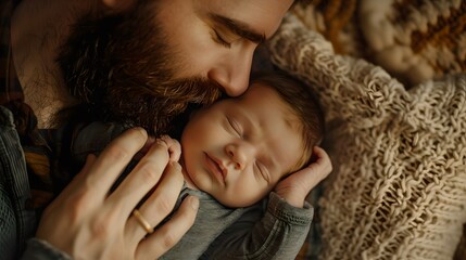 Tender moment of fatherhood with a newborn baby sleeping in father's arms. A gentle embrace, family bonding. Close-up portrait, warm colors. AI - obrazy, fototapety, plakaty