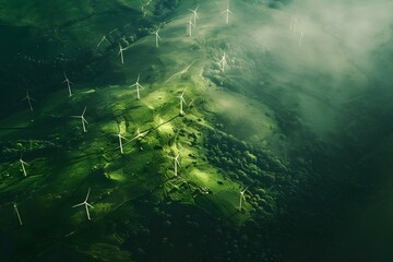 Promoting Sustainable Energy and Environmental Conservation: Aerial View of Wind Turbines in a Green Landscape. Concept Renewable Energy, Wind Turbines, Sustainability, Environmental Conservation