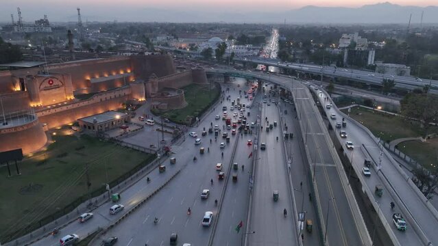 Aerial Video of Peshawar, Pakistan. Bala Hisar Fort and traffic in Peshawar, CIty Drone evening Shot