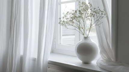 A delicate vase adorns a tall white window, resting on a white wooden table. A framed picture