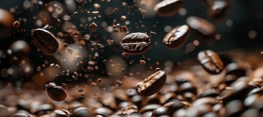 Roasted coffee beans levitating in motion on black background, creating an intriguing visual display - obrazy, fototapety, plakaty