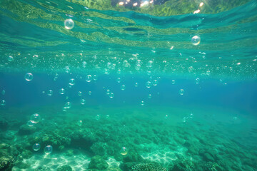 Fototapeta na wymiar Bubbles and bokeh underwater in clear green ocean