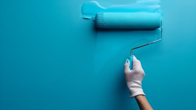 Refreshing Home Renovation with a Splash of Blue Paint. Hand wielding a paint roller on a vibrant wall. Modern DIY and Interior Design. AI