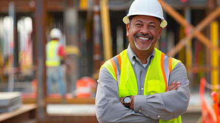 Smiling Construction Foreman with Arms Crossed at Construction Site